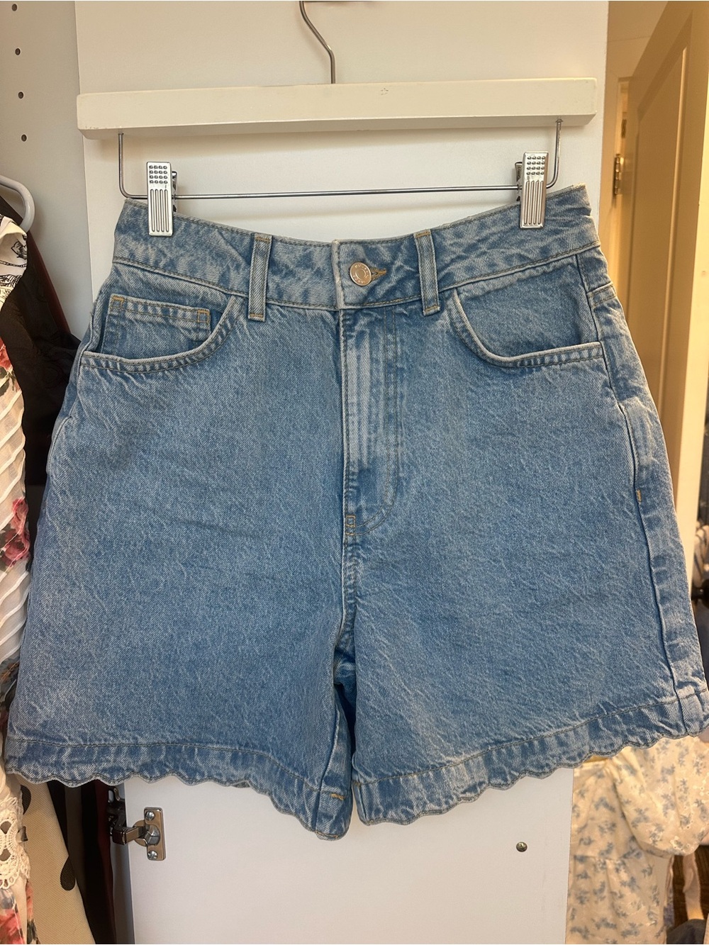 ASOS design!  Light Blue Denim Shorts with Scalloped Hem